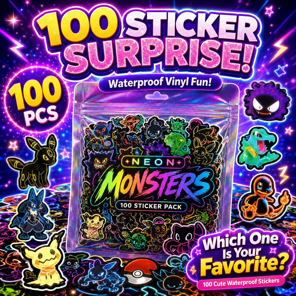100pcs Neon  Pokémon  Stickers - Luggage review and price